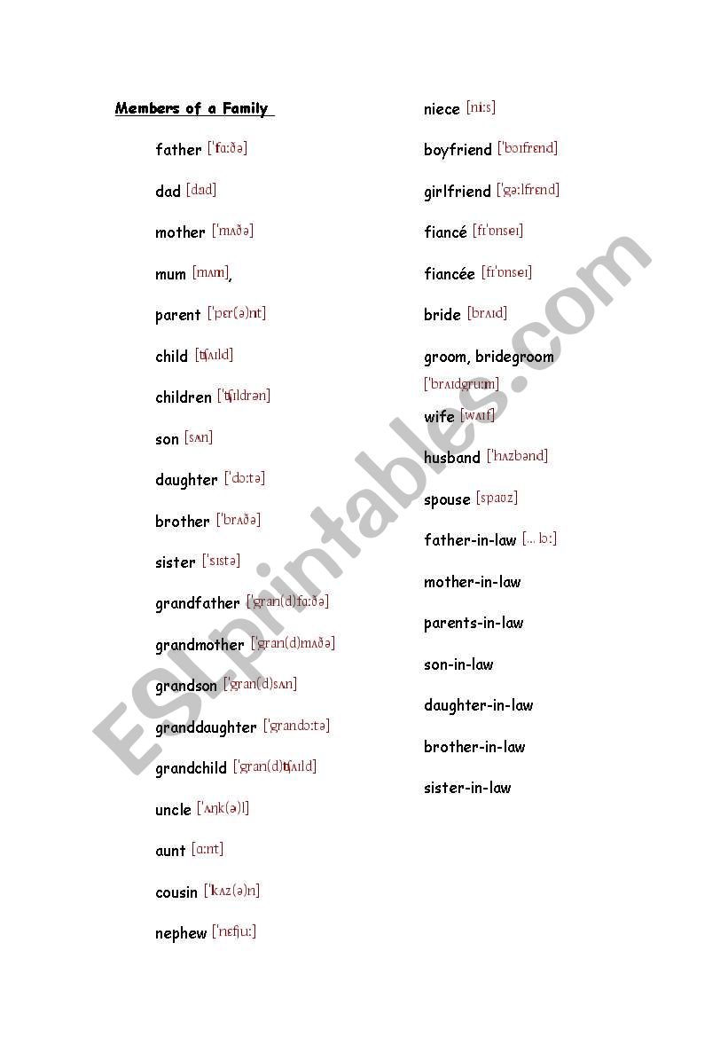 Family members vocabulary worksheet