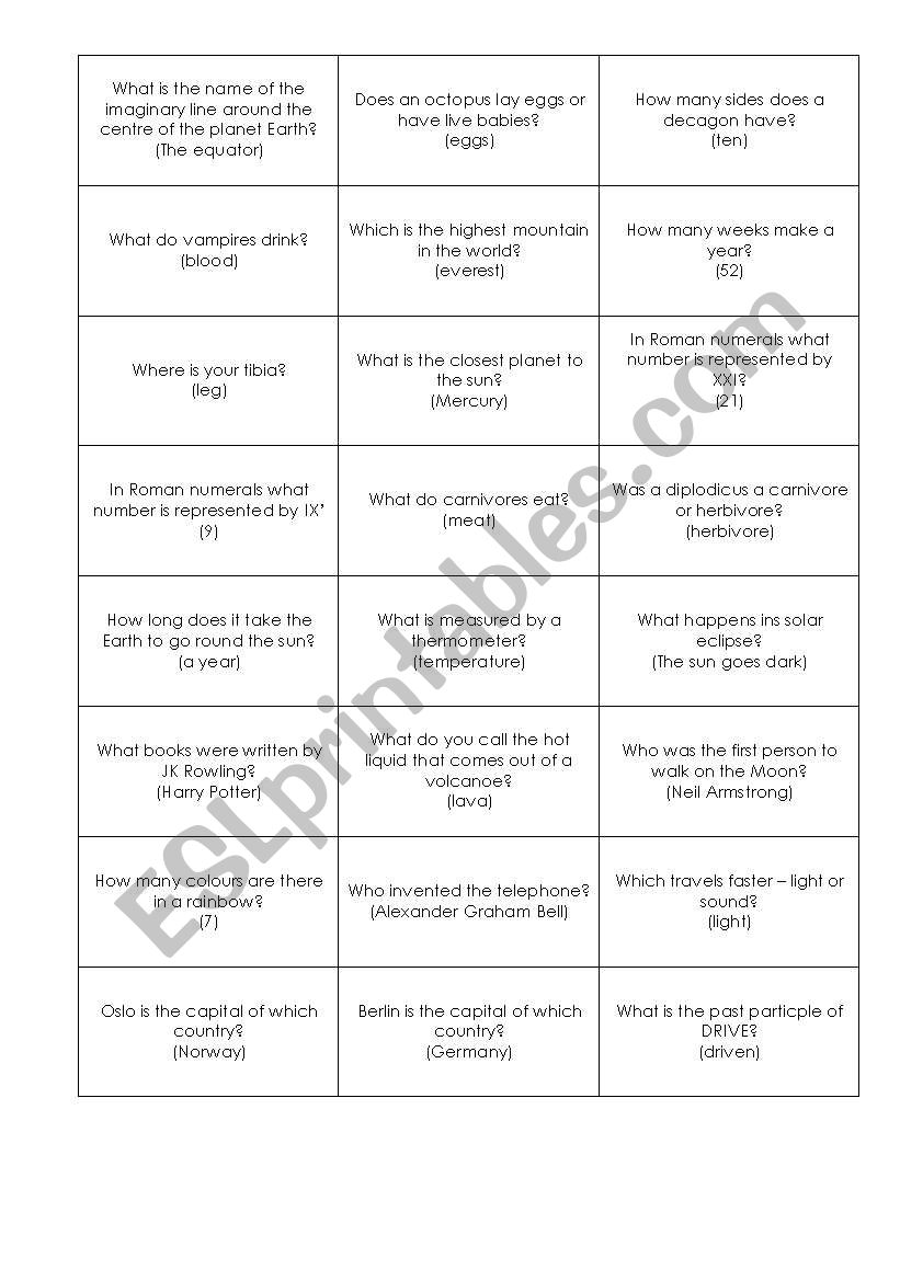 trivia quiz questions worksheet