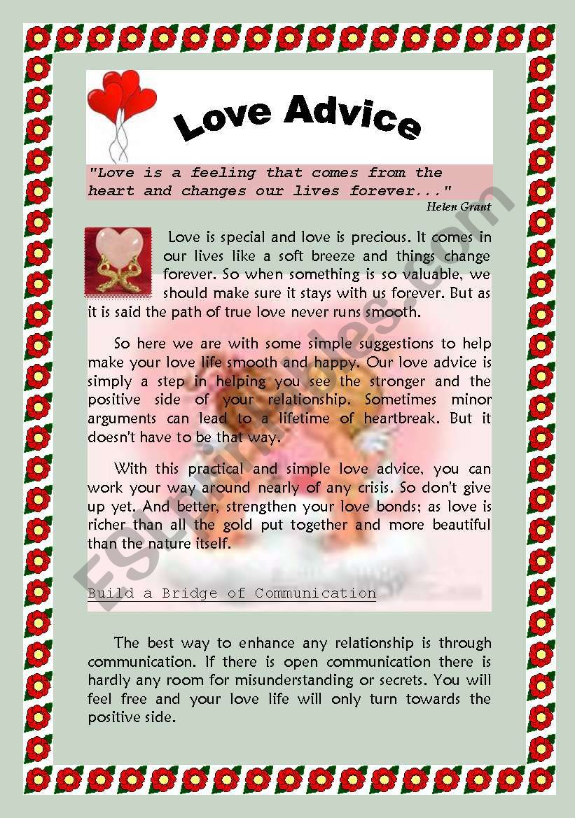 Love Advice   Test of English 3 sections reading/grammar/writing