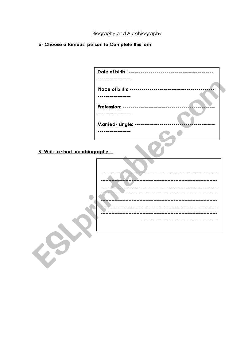 biograghy and autobiograghy worksheet