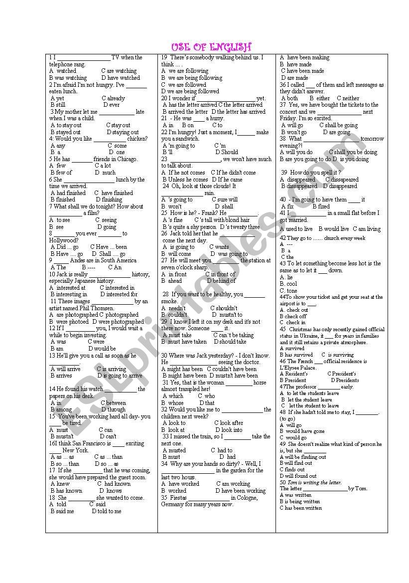 Intermediate test worksheet