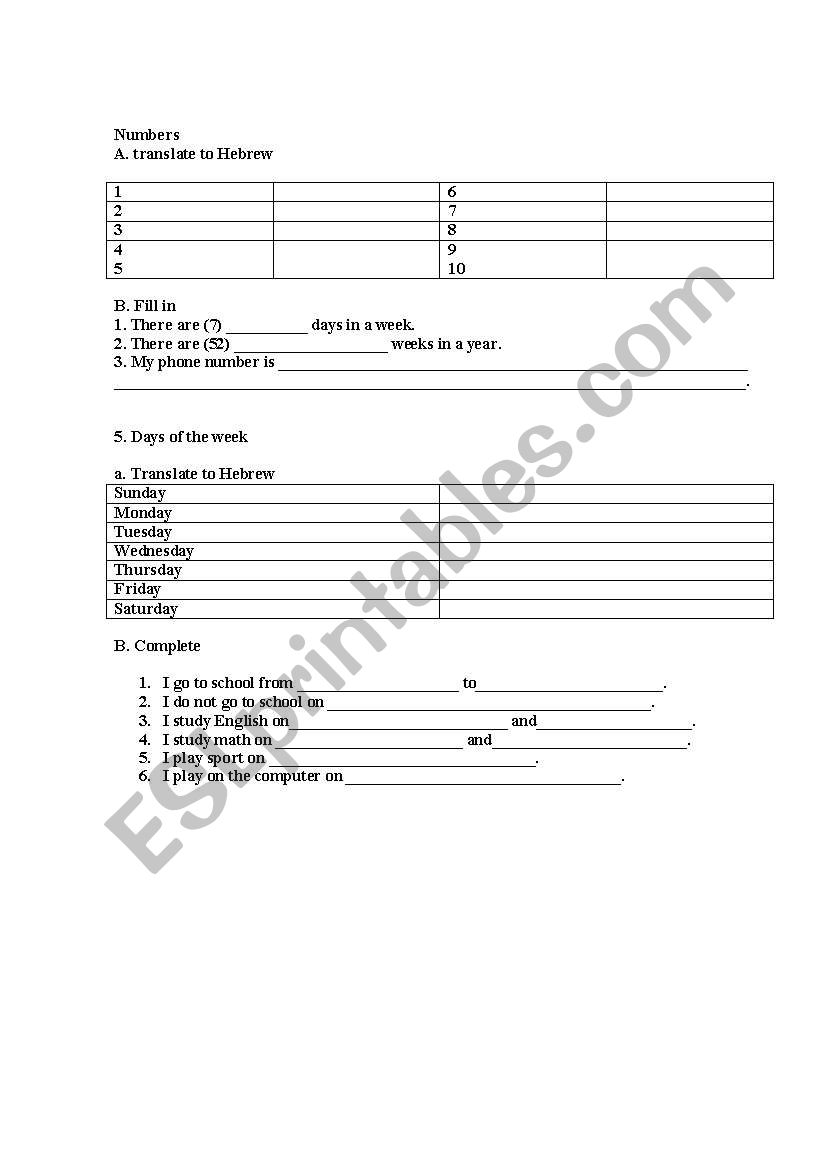 numbers worksheet