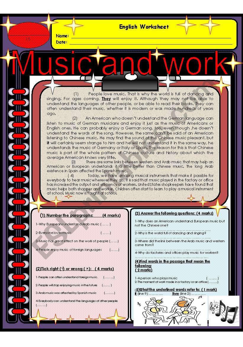 Music and work  worksheet