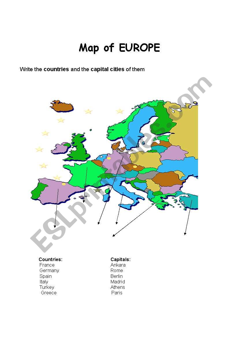 map of Europe worksheet