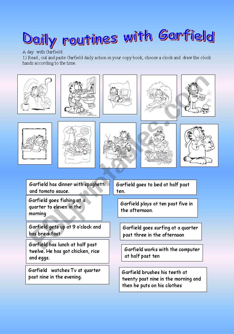 daily routines with Garfield worksheet