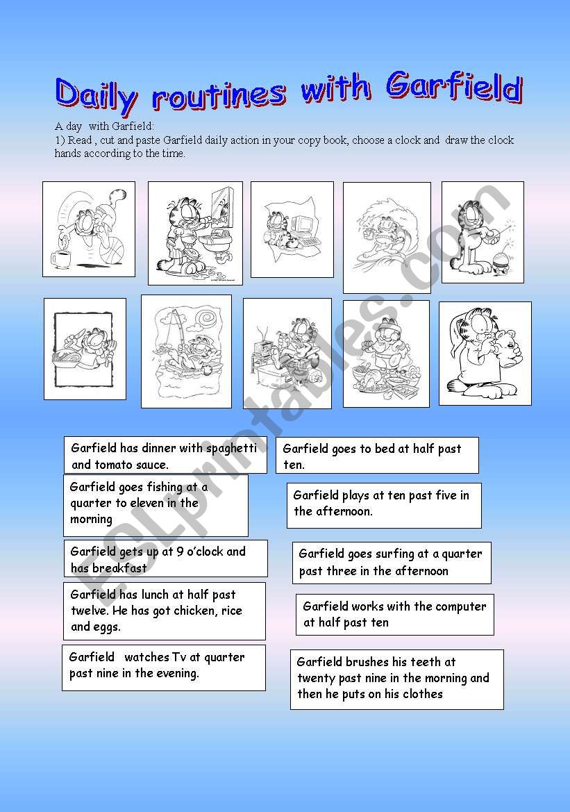 daily routines with Garfield worksheet