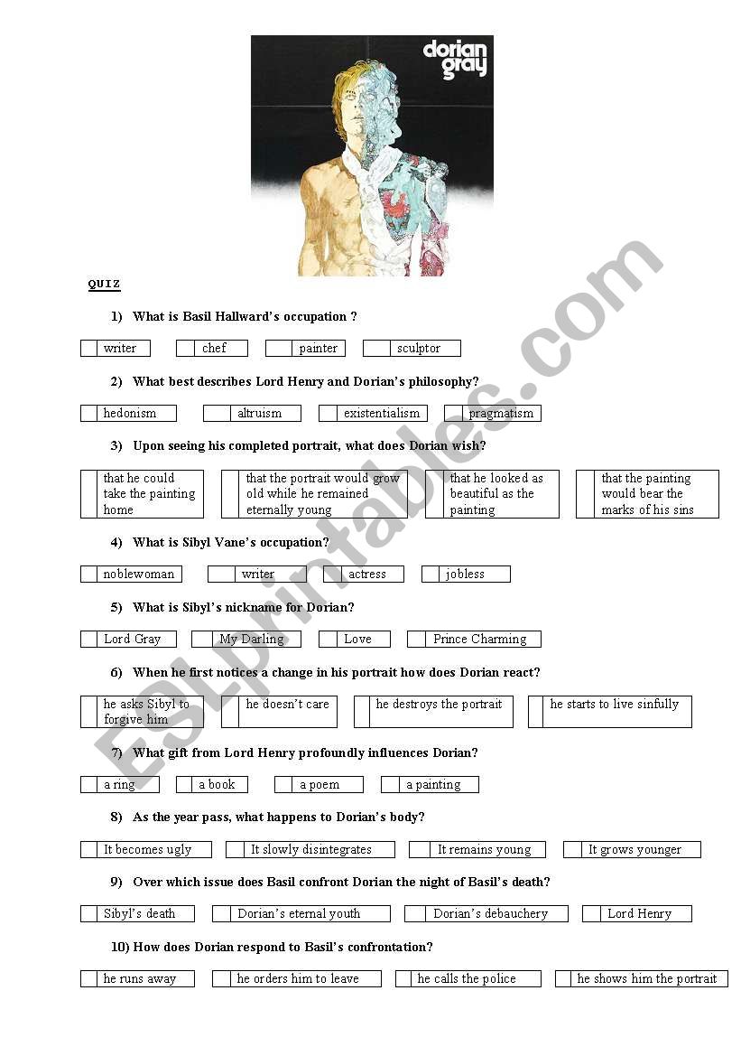 Dorian Gray Quiz worksheet