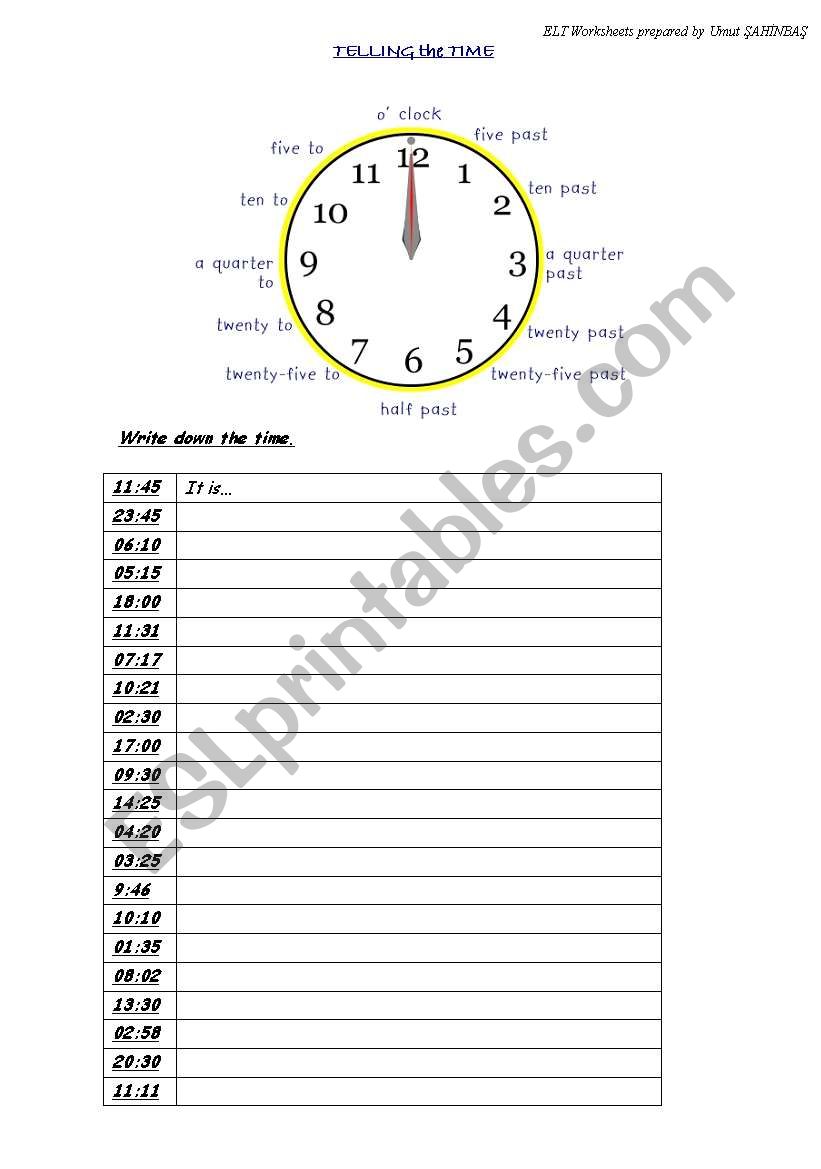 telling the time worksheet