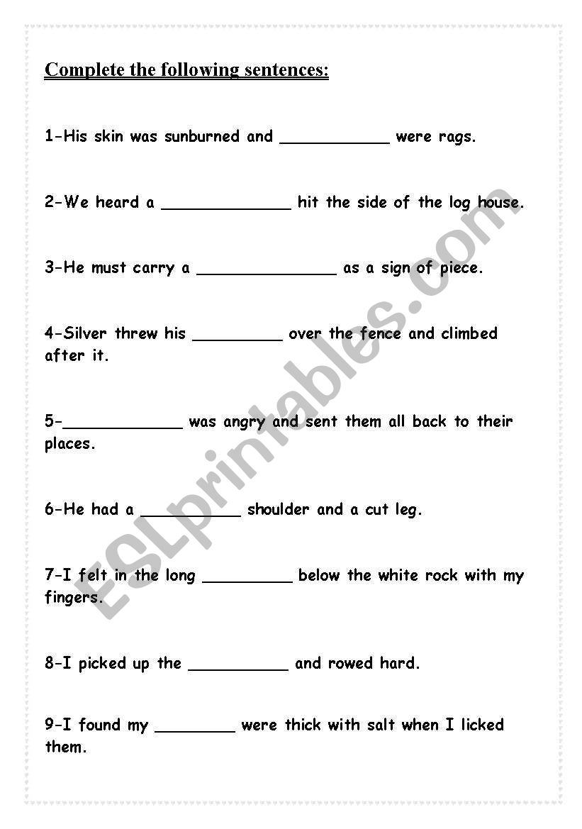 Treasure Complete questions worksheet