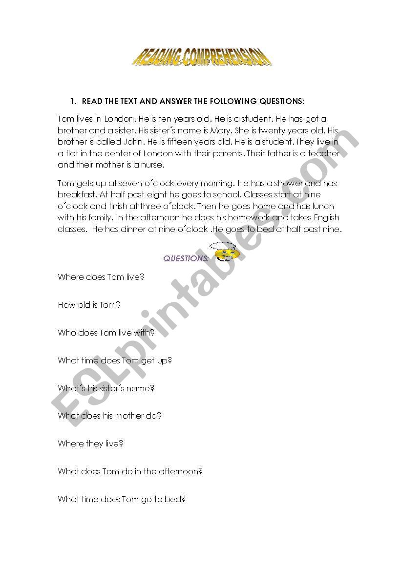 READING COMPREHENSION worksheet