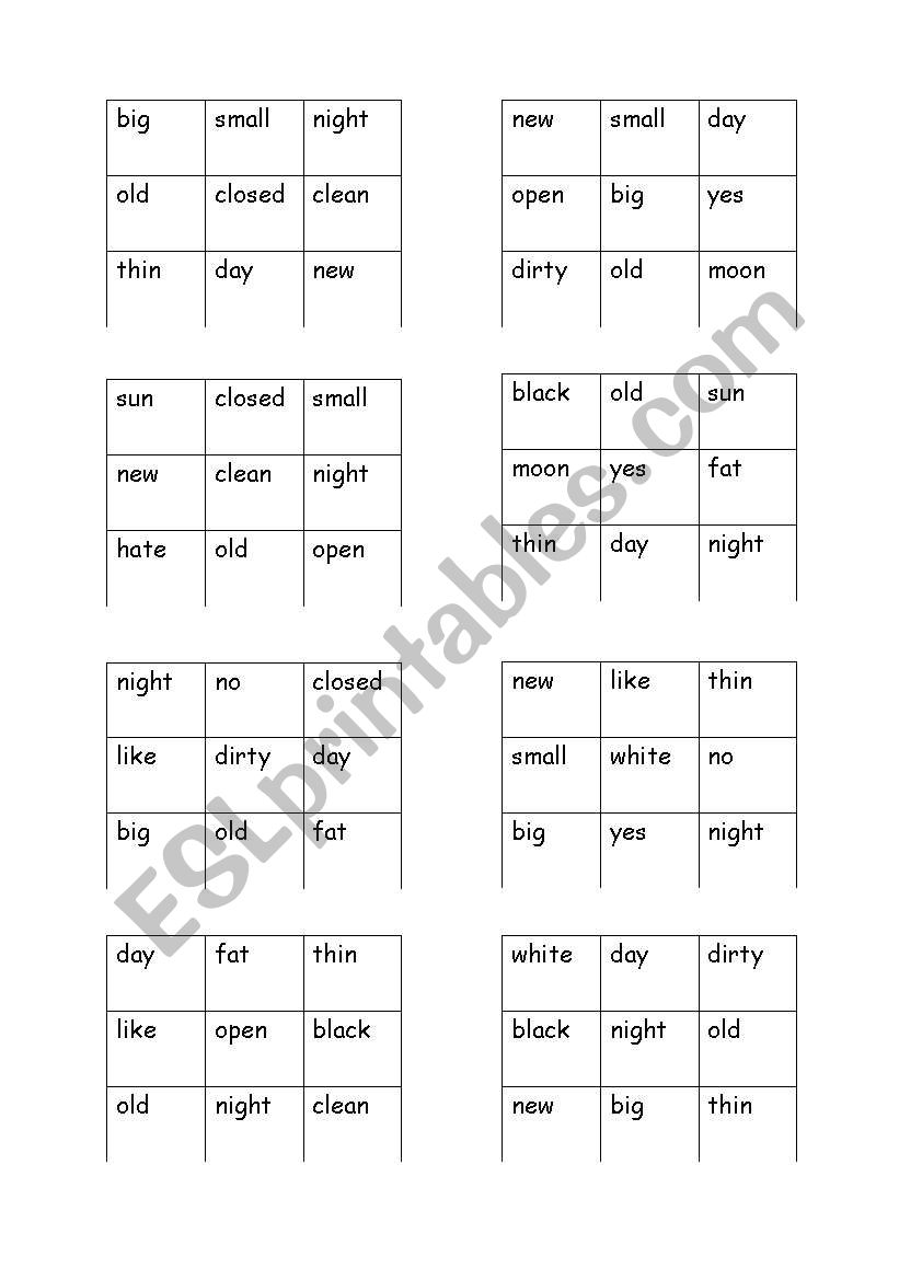 opposites bingo worksheet