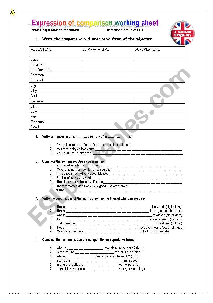 EXPRESSION OF COMPARISON WORKING SHEET