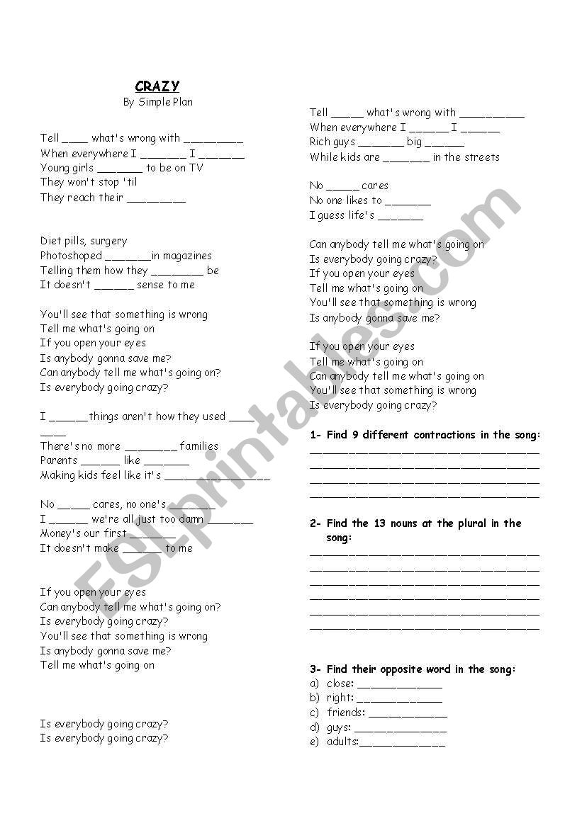 Song: Crazy of Simple Plan worksheet