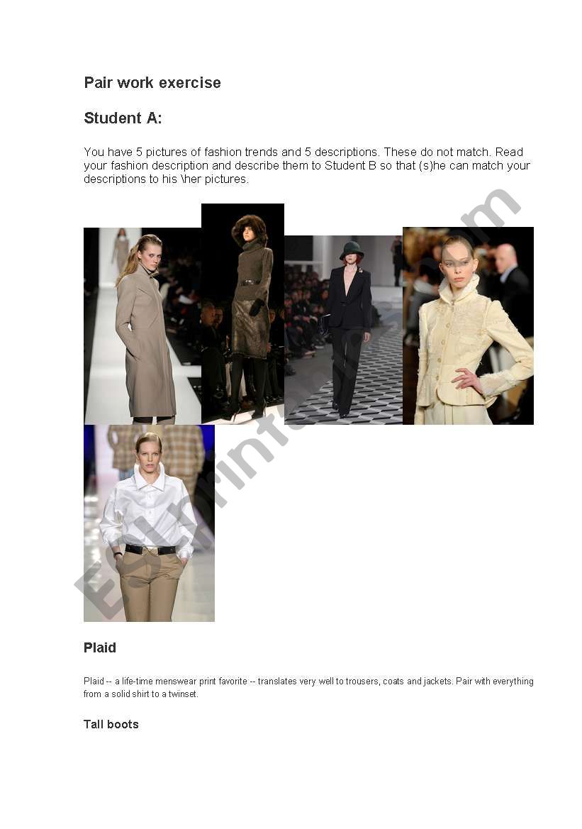 fashion trends student A worksheet