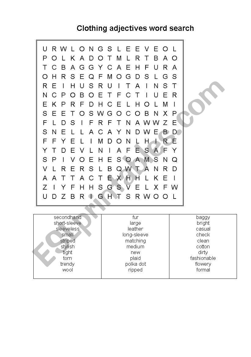 clothing adjectives word search