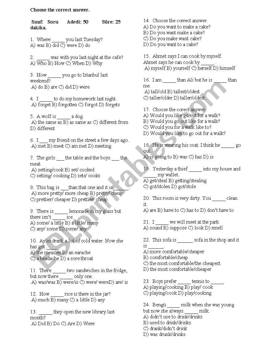 a test for intermediate students