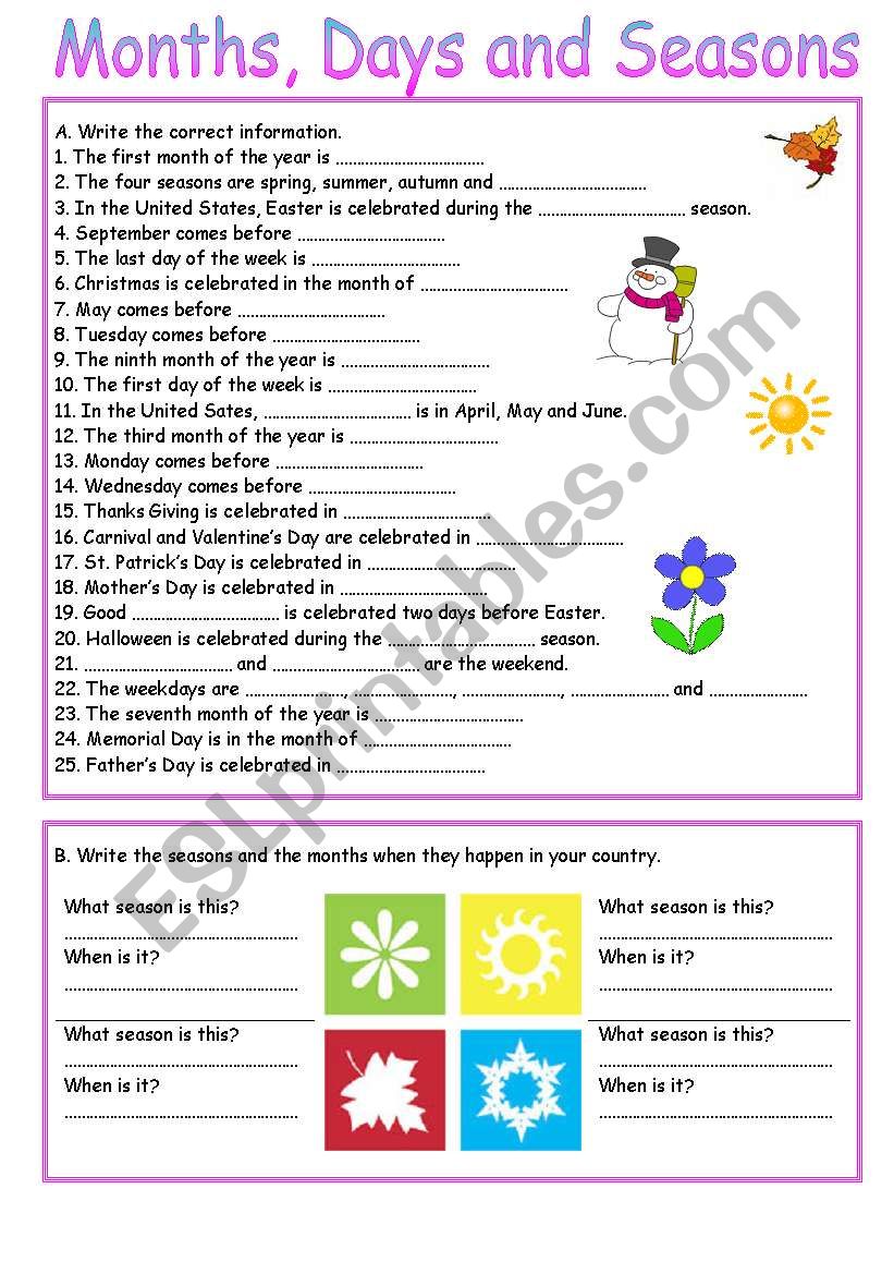 Months, Days and Seasons worksheet