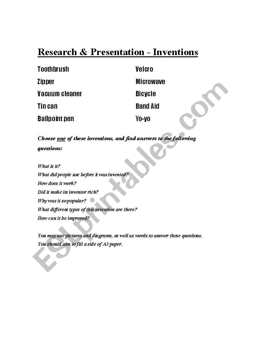 Research on Inventions worksheet