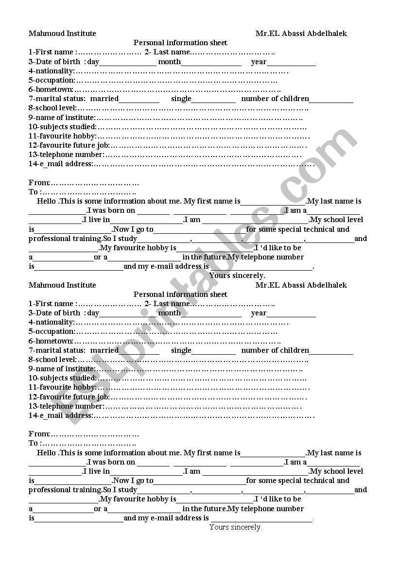 personal information sheet worksheet