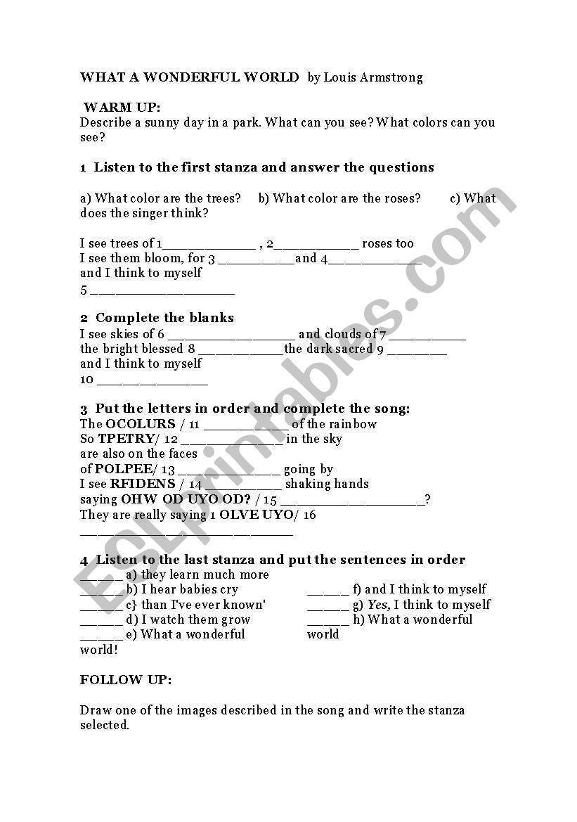 what a wonderful world worksheet