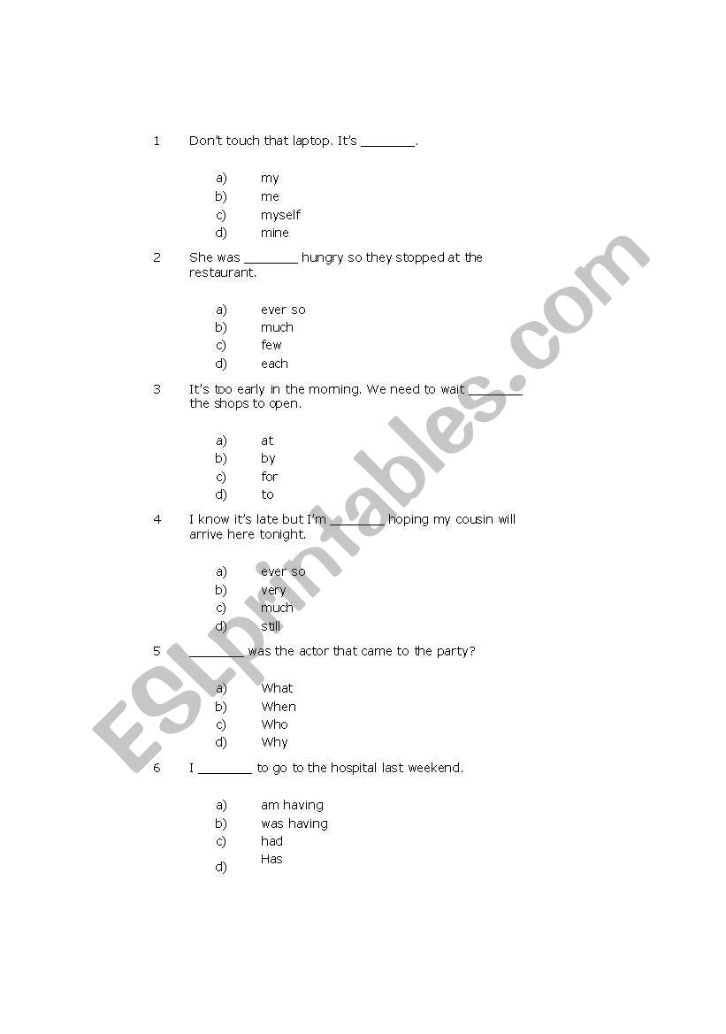multible choice exercise worksheet