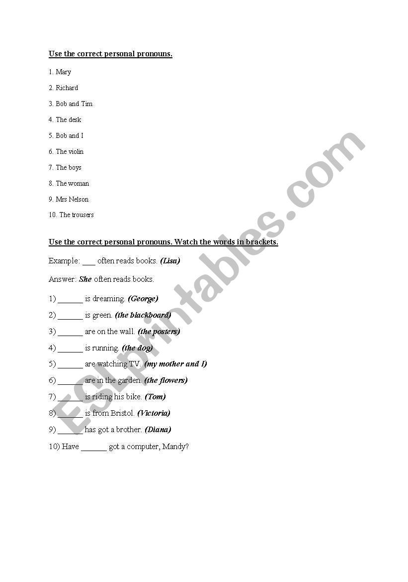 Personal pronouns worksheet