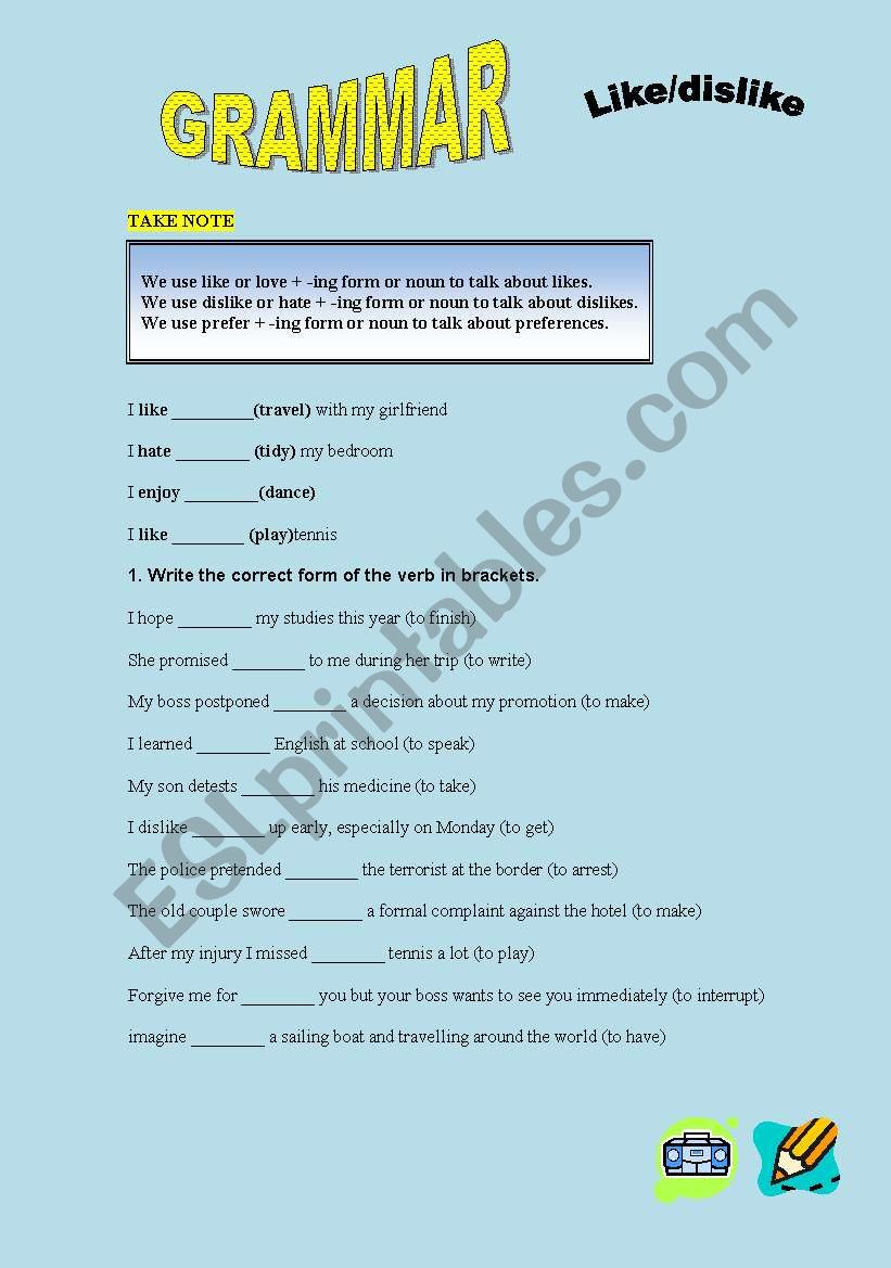 like/dislike worksheet