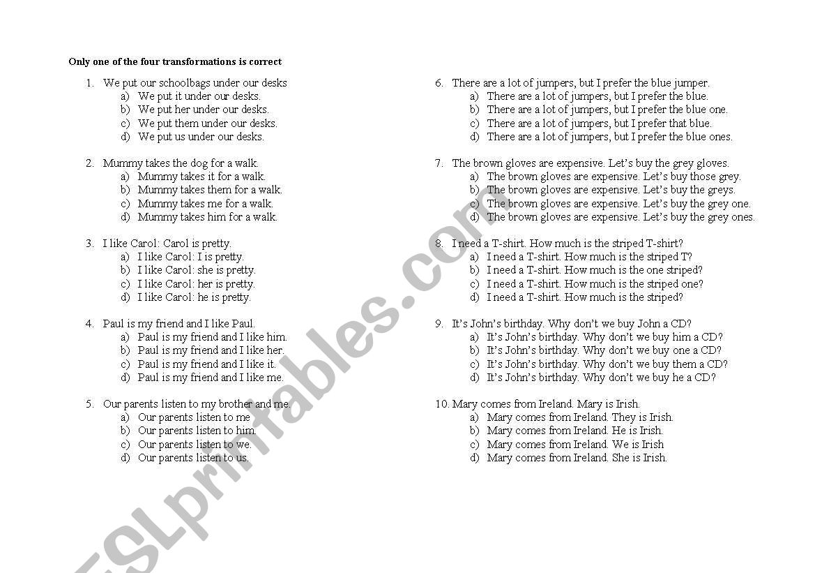 Personal Pronouns Multiple choice test