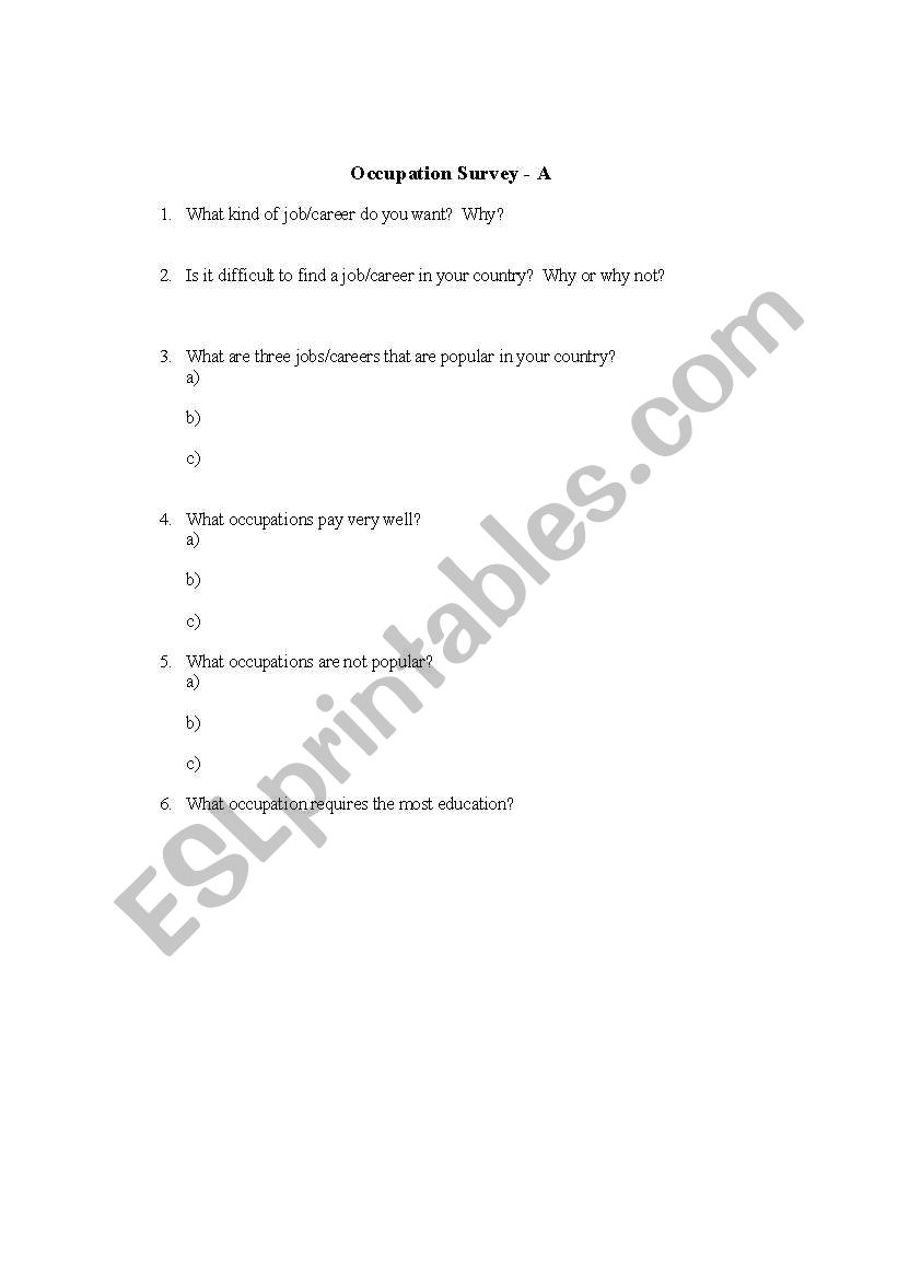 occupations survey worksheet