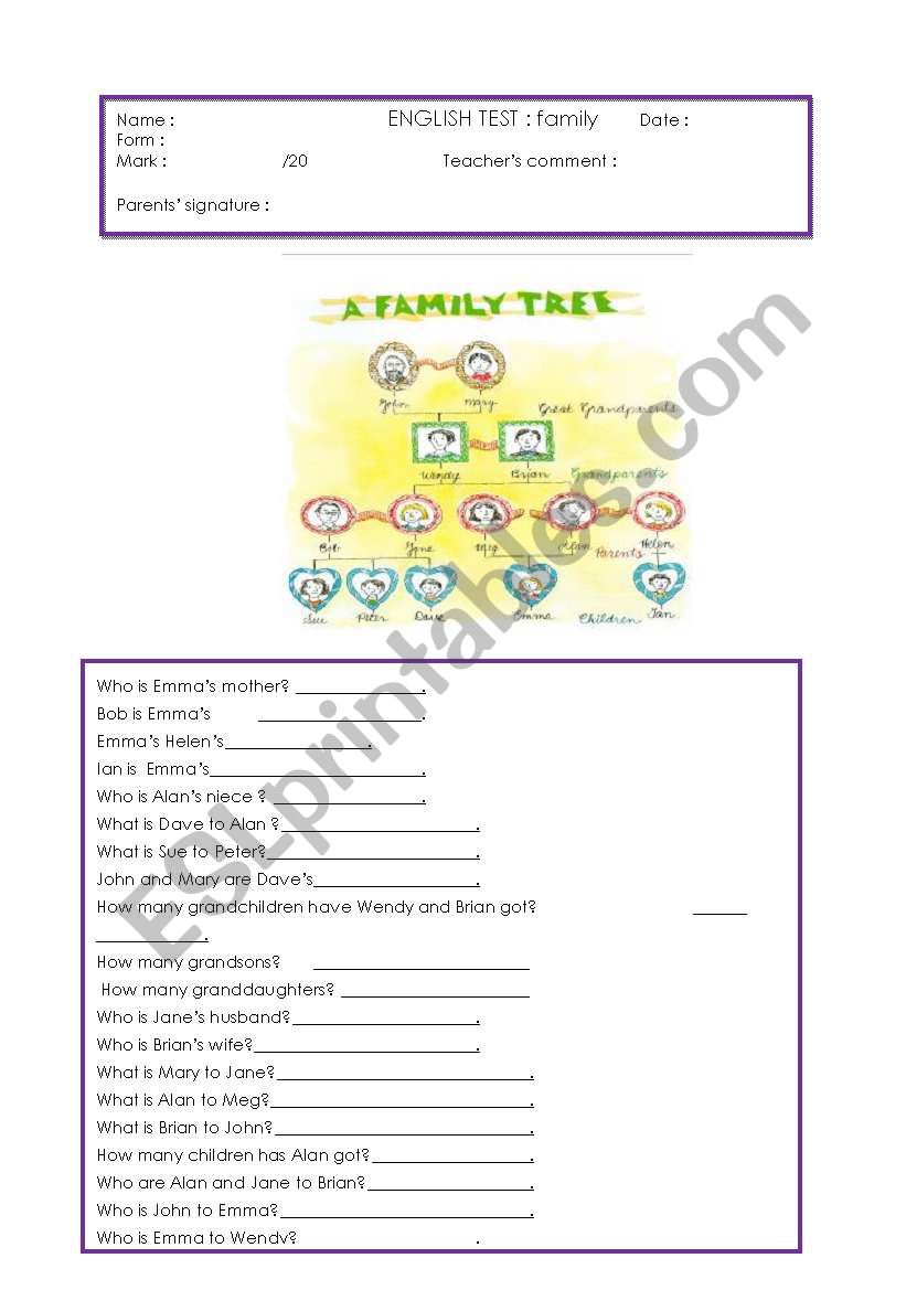 family worksheet