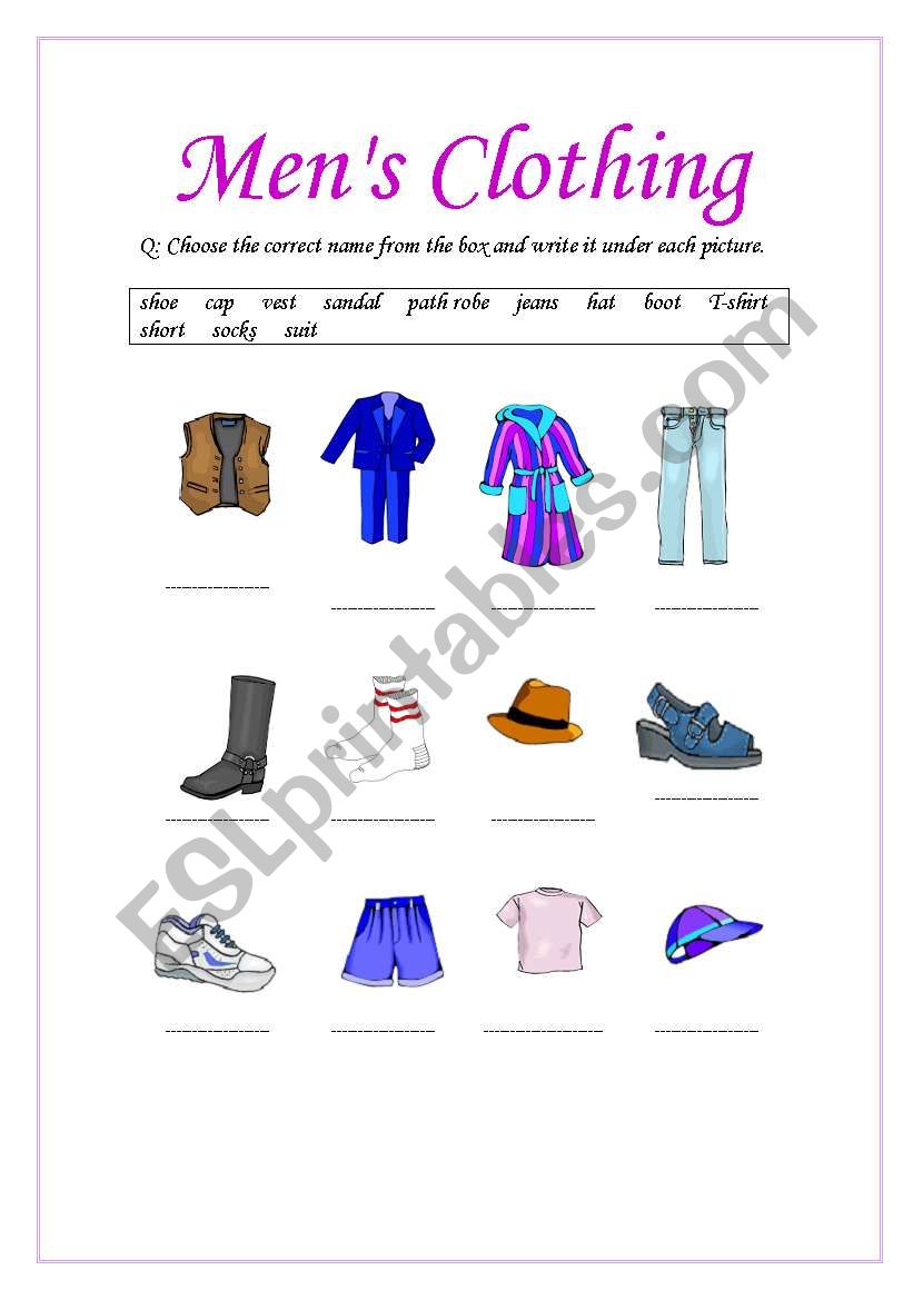 Mens Clothing worksheet