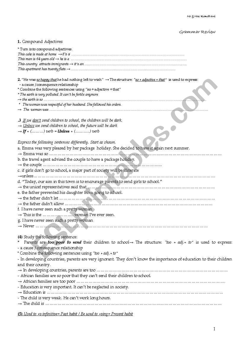 grammar review 4th form worksheet
