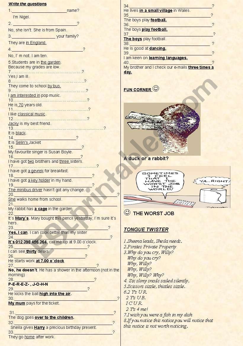 write questions worksheet