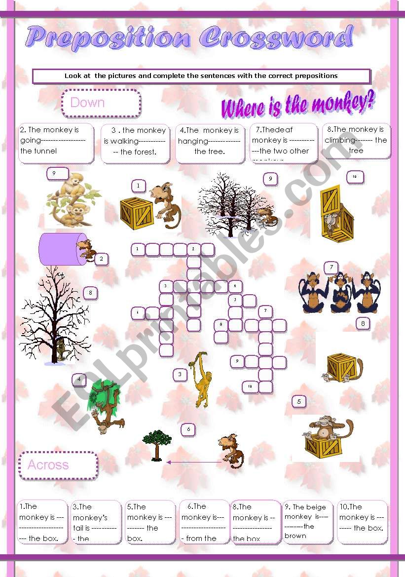 Preposition Crossword: Where is the monkey?( with a key answer)
