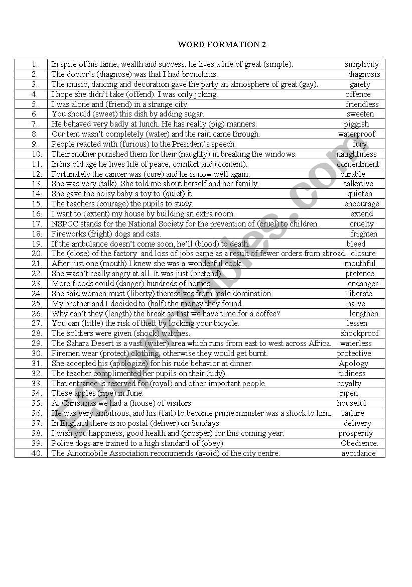 Word Formation Part 2 worksheet