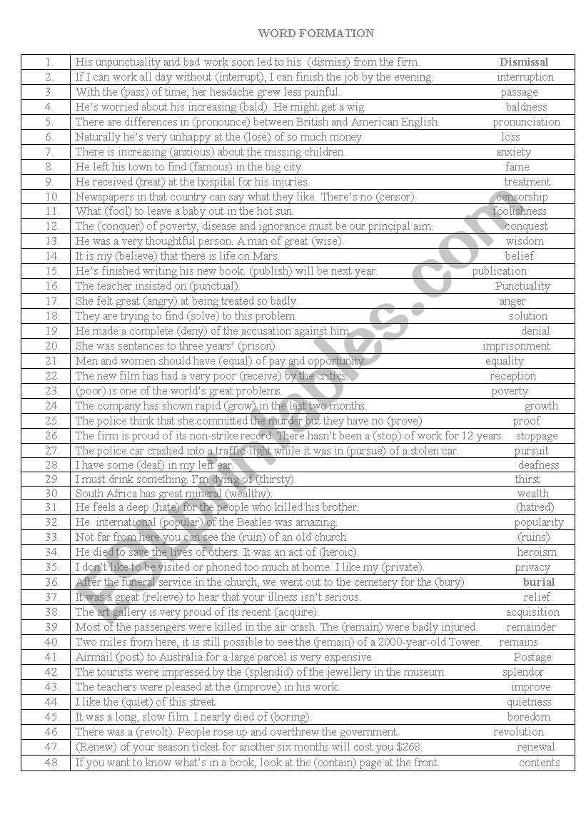 Word Formation Part 2 worksheet