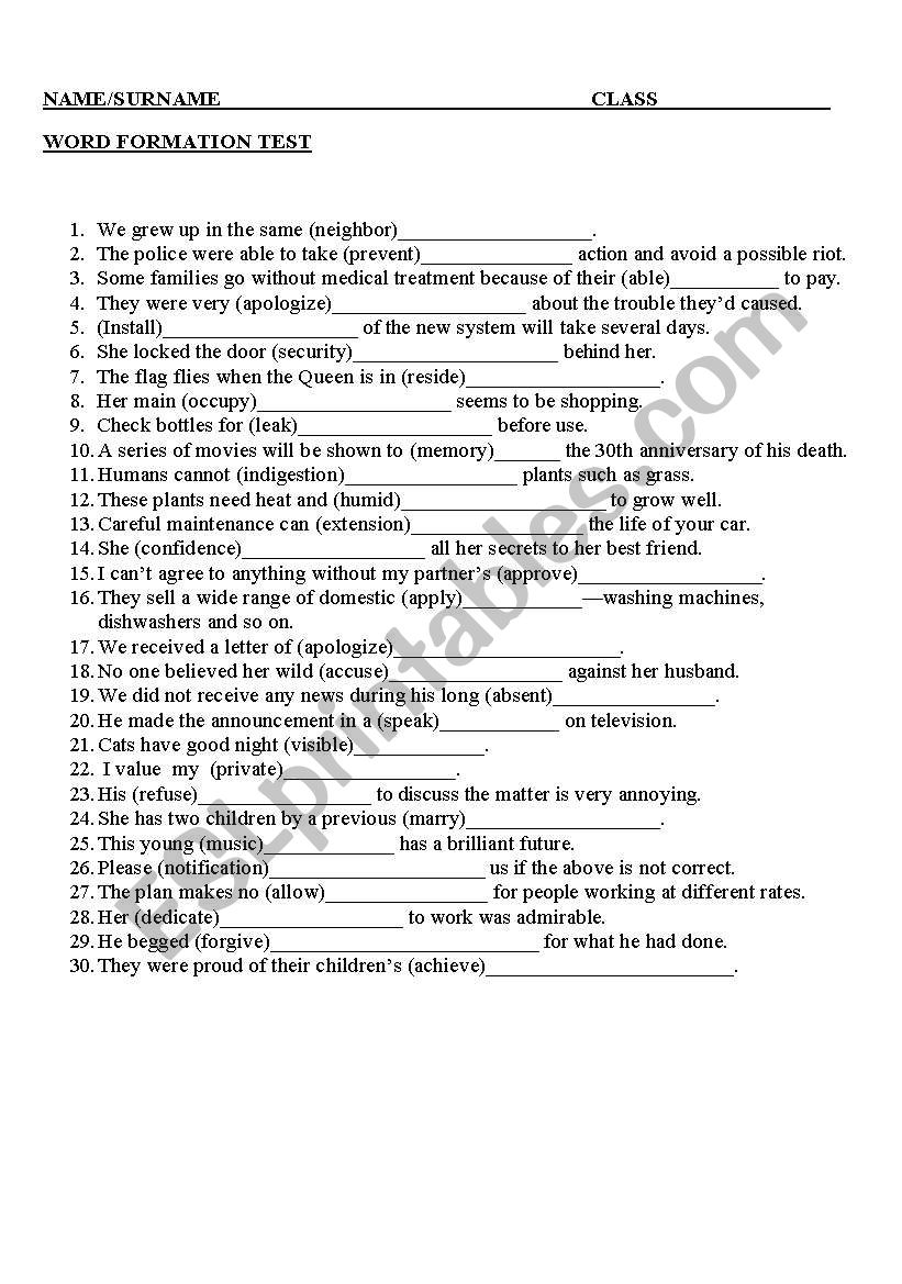 Word Formation Part 3 worksheet