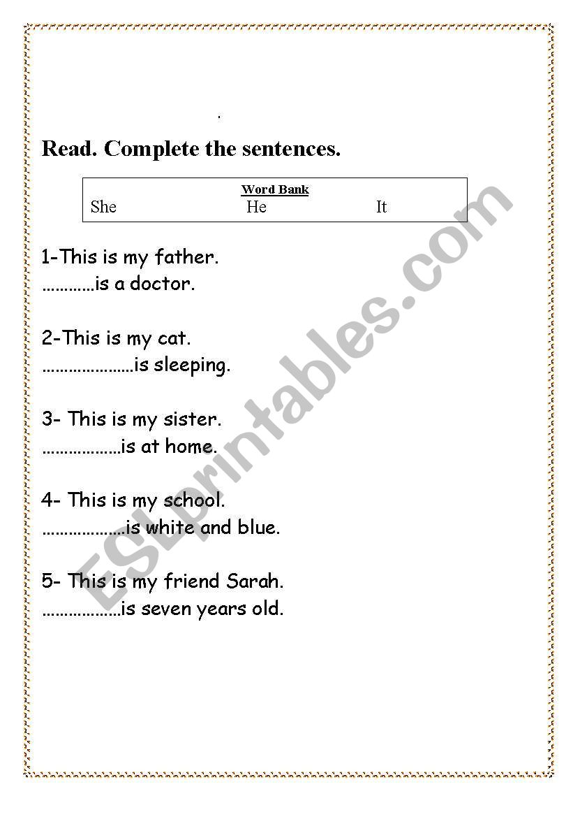 He, she and it worksheet