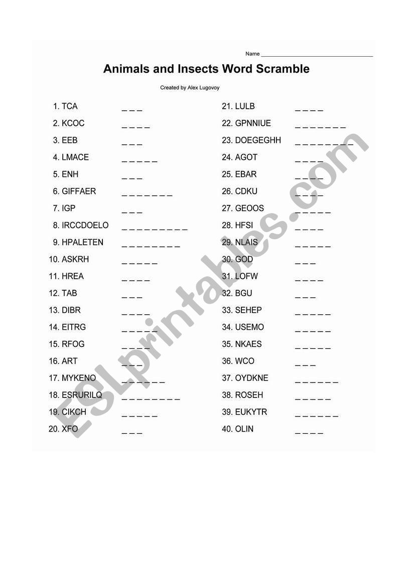 Animals and Insects Word Scramble