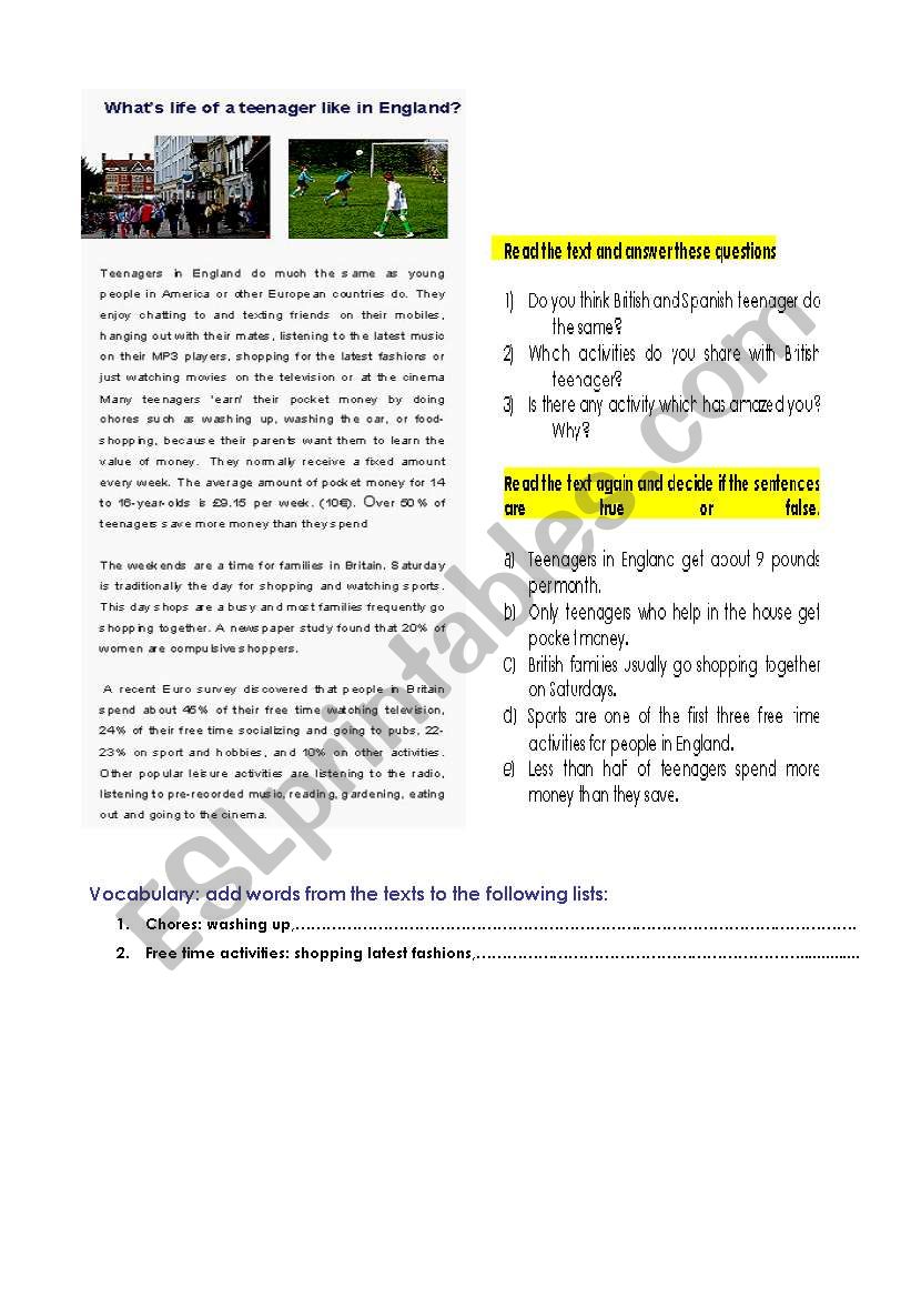 ENGLISH TEENAGERS LIFESTYLE worksheet