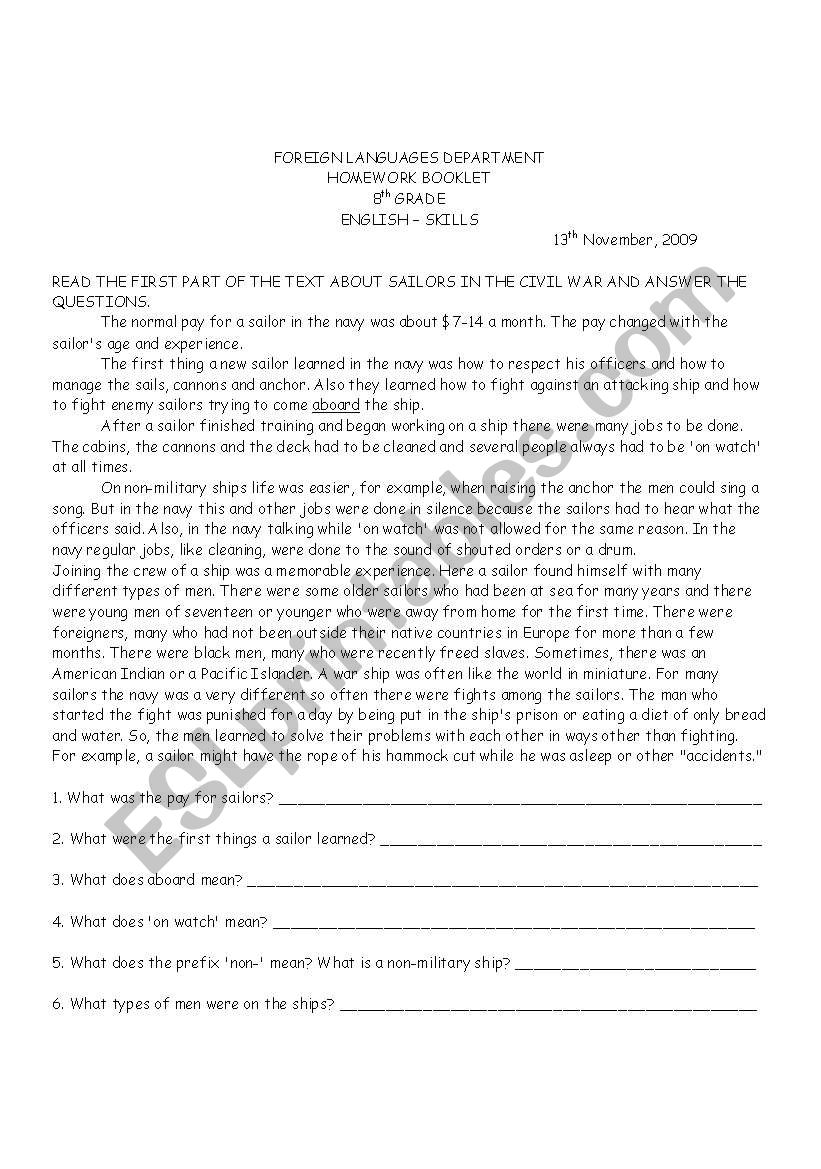 Life at Sea worksheet