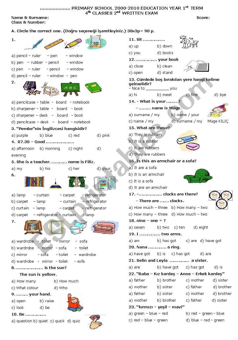 4th grade 2nd exam worksheet