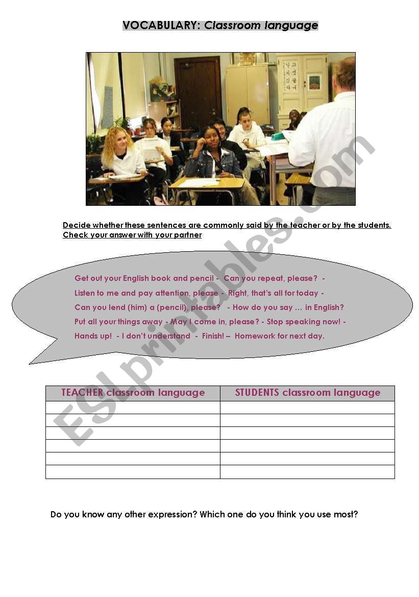 CLASSROOM LANGUAGE worksheet