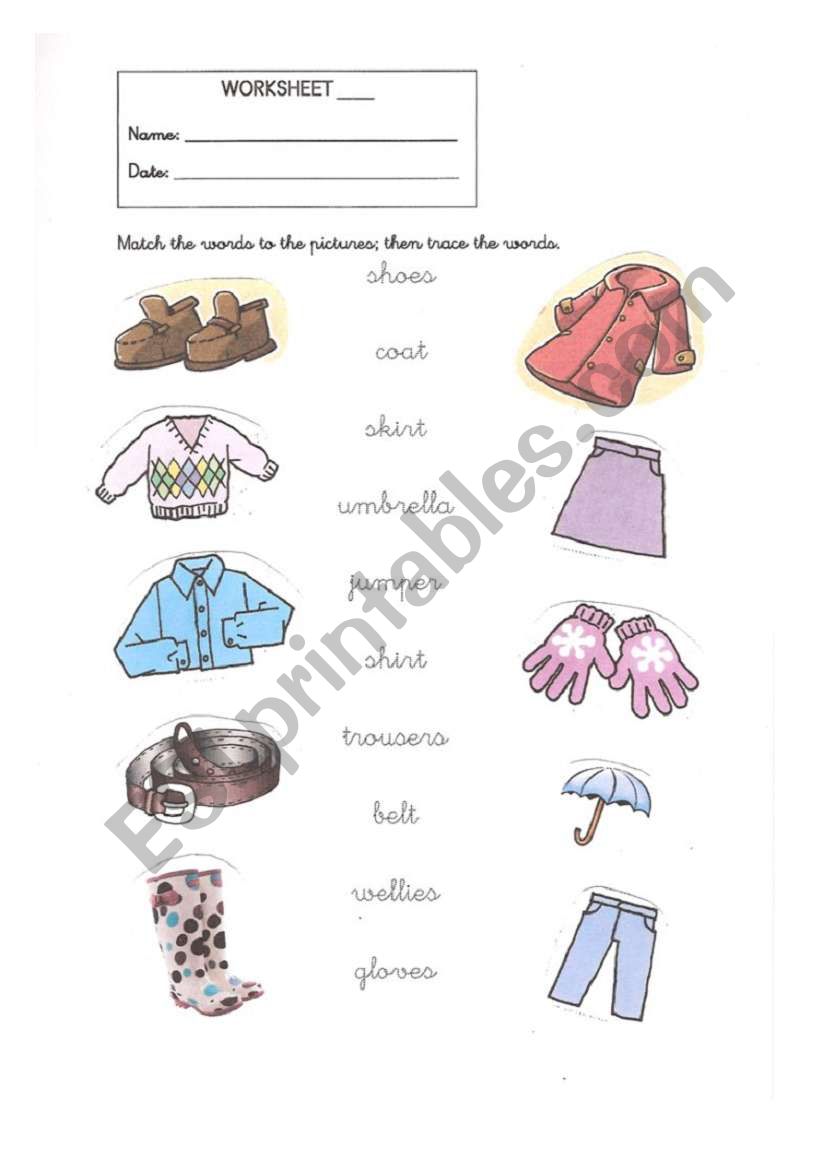 Trace and match vocabulary of clothes with pictures