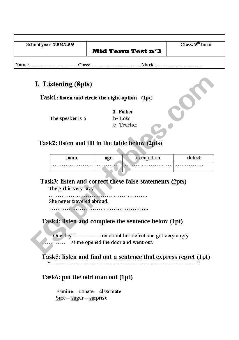 mid term test  N3 9 th forme worksheet