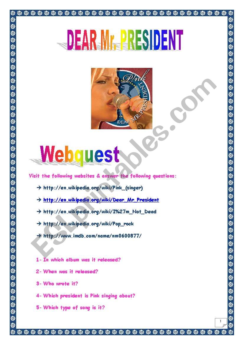 PINK WEBQUEST N2 - Dear Mr. President (8 tasks, 3 pages, Comprehensive ANSWER KEY)