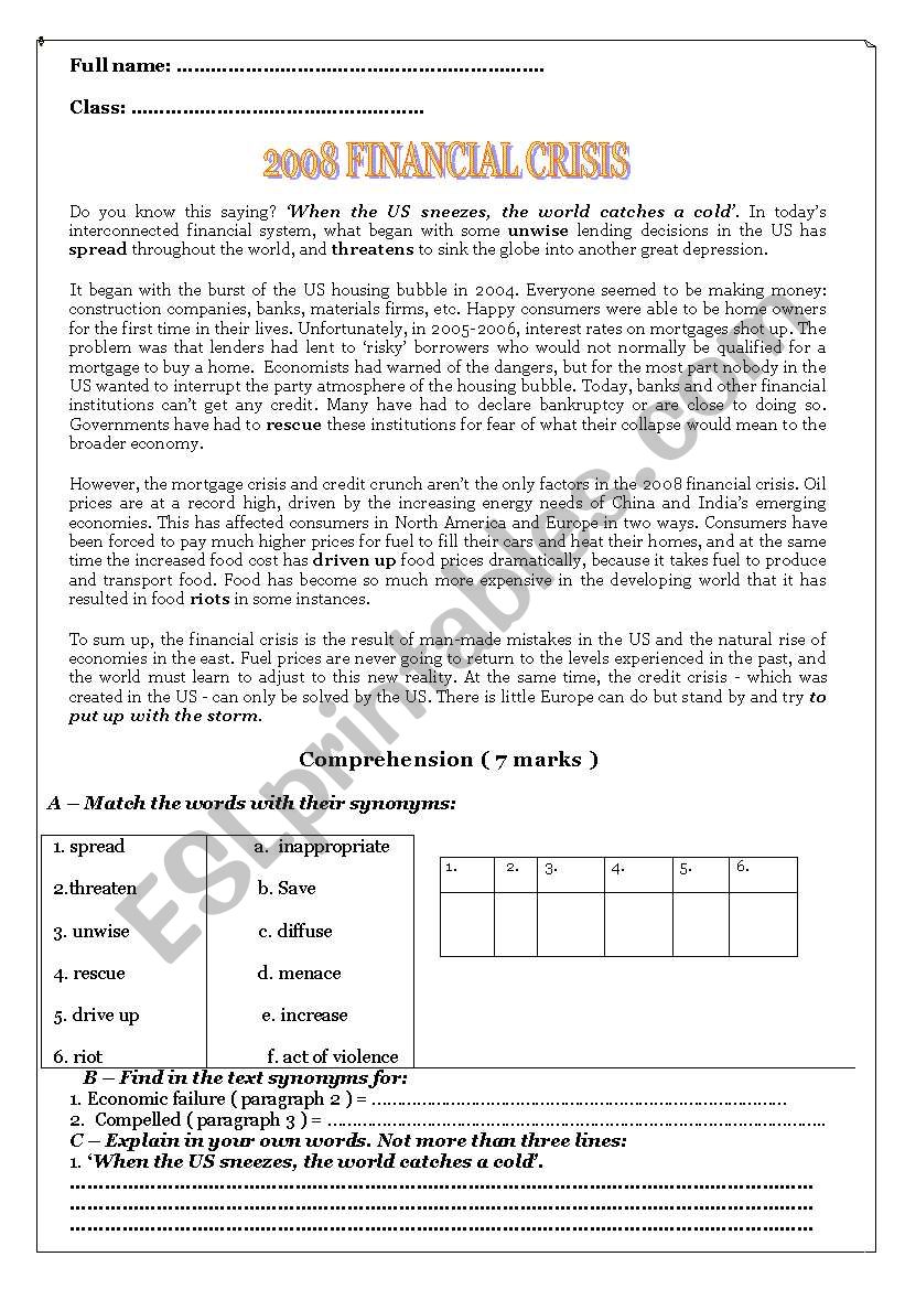 test on the economic crisis worksheet