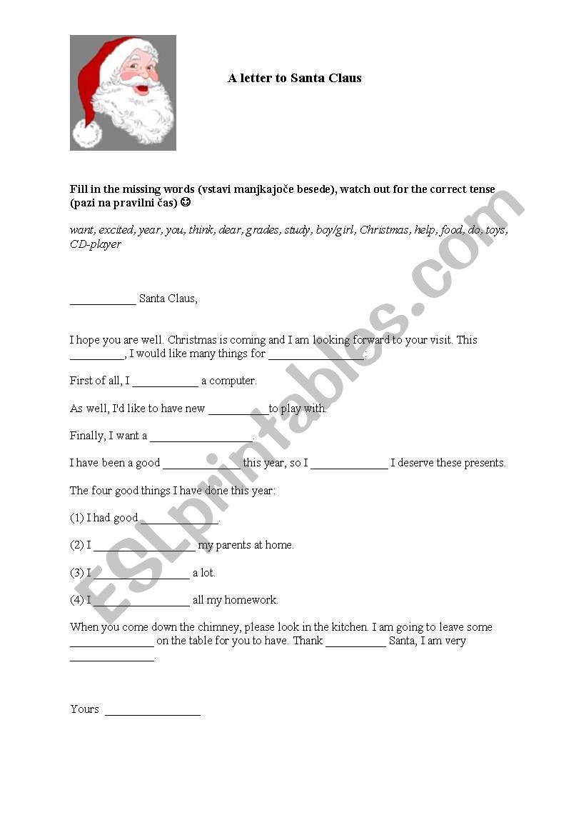 Gap fill: A letter to Santa worksheet