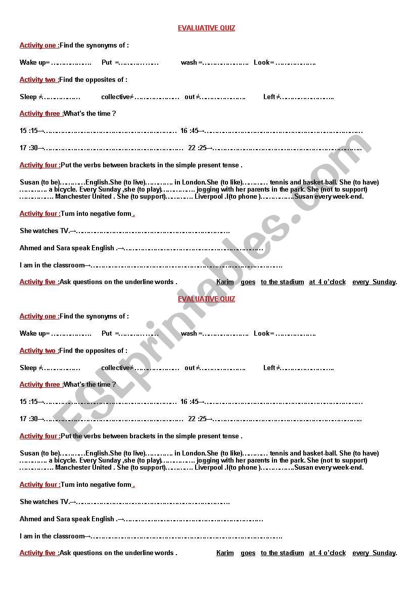 Evaluative quiz worksheet