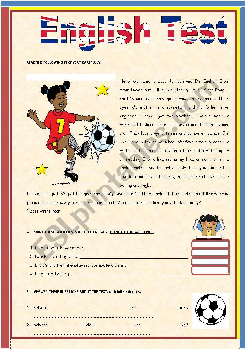 Test-Lucy Johnsons Life worksheet
